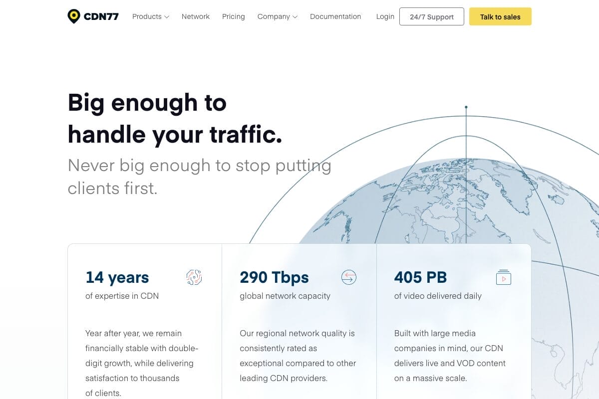 CDN77 content delivery network platform homepage showing global CDN infrastructure with SSD-powered edge servers