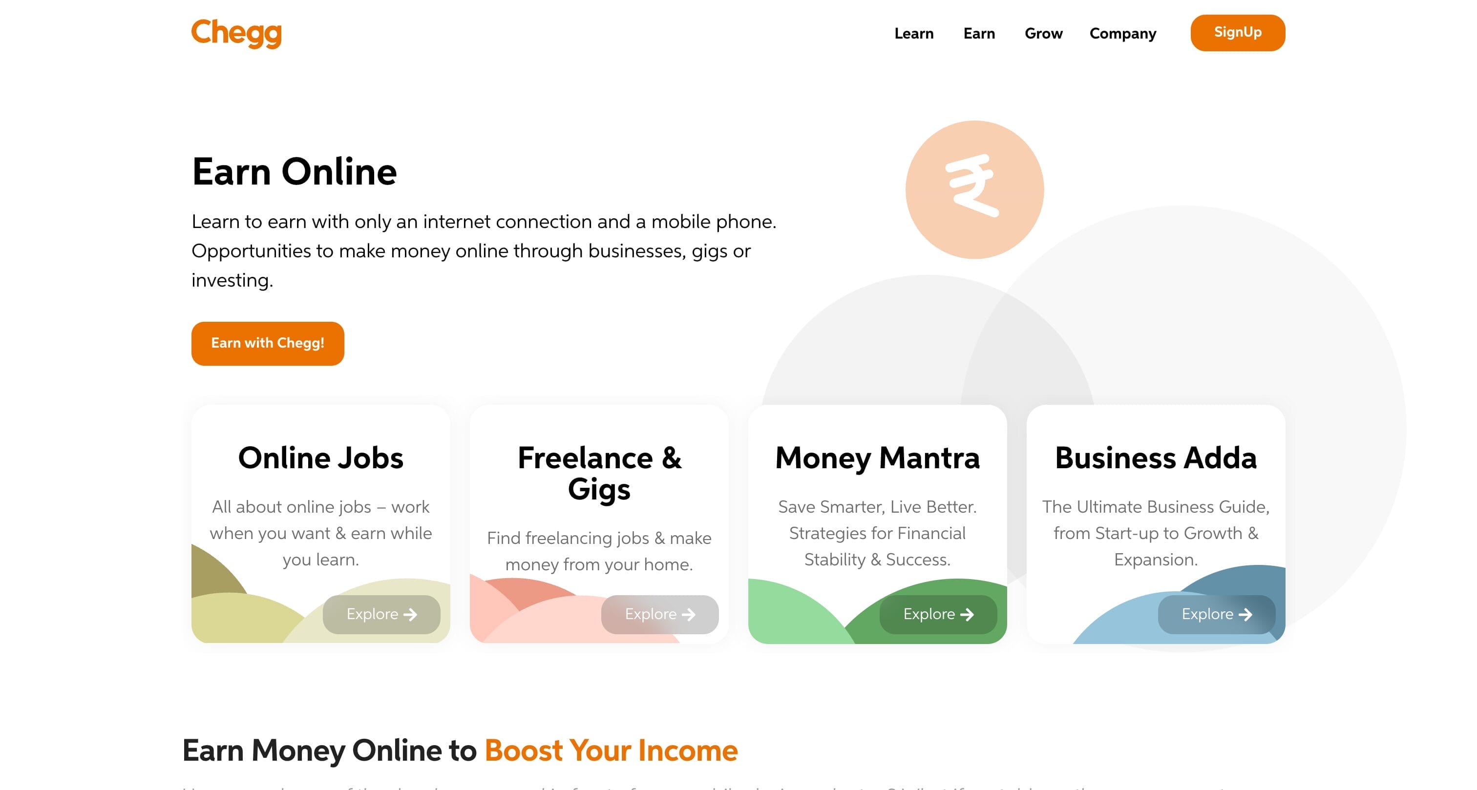 Chegg India Earn Online page showing opportunities for online jobs, freelancing and gigs, and earning with only an internet connection and mobile phone