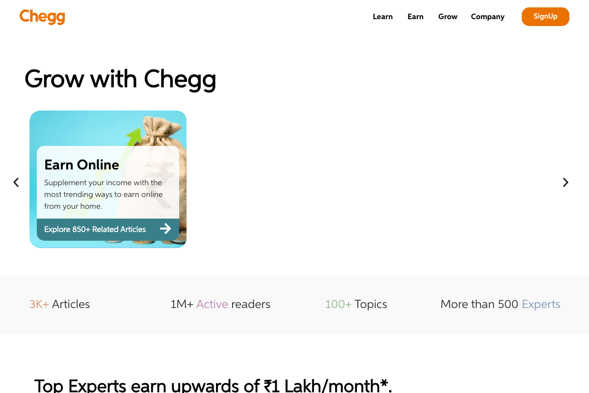 Chegg India homepage showing online earning and tutoring platform where experts earn upwards of 1 lakh per month