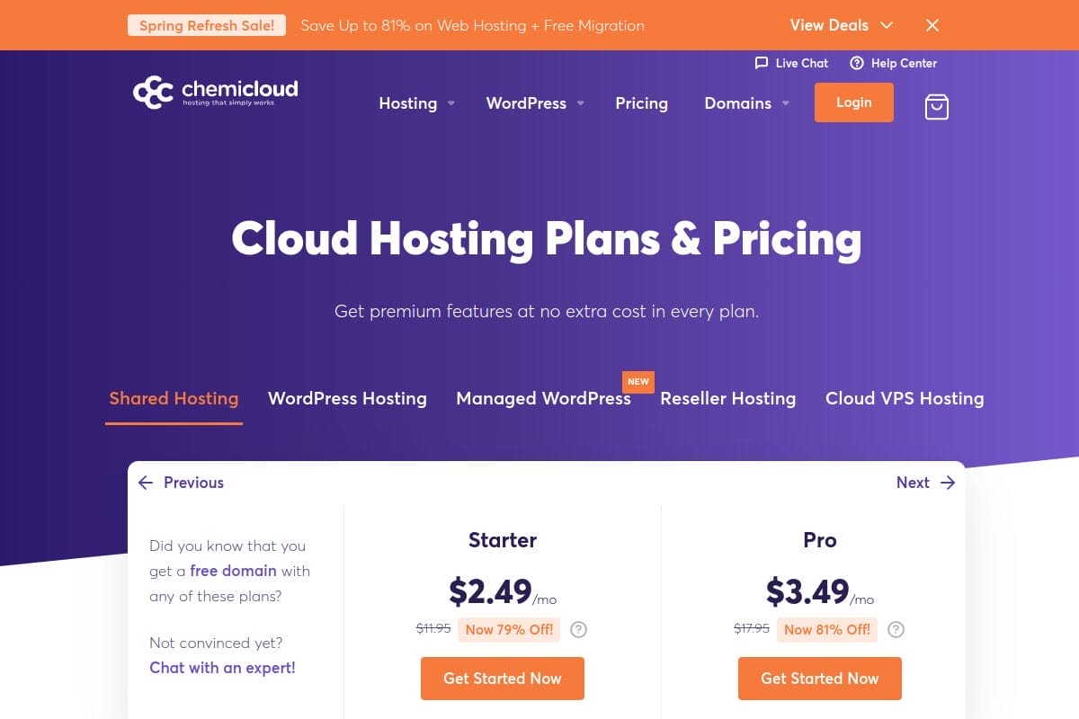 ChemiCloud pricing page showing Starter, Pro, and Turbo plans with free lifetime domain, LiteSpeed servers, and NVMe SSD storage