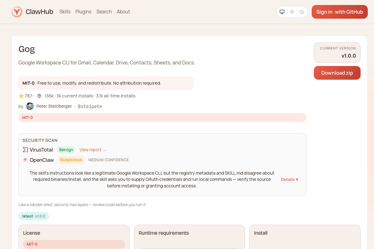 ClawHub skills marketplace homepage showing 13,700+ community-built OpenClaw skills organized by category with search and install options