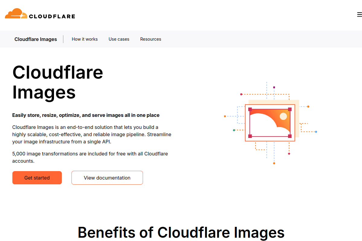 Cloudflare Images product page showing unified image optimization service with 310 plus edge locations across 120 countries