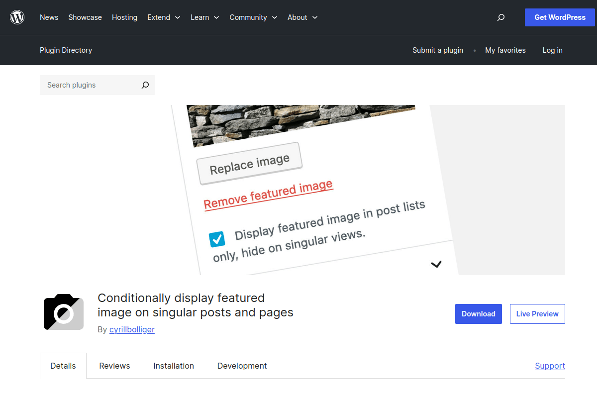 Conditionally Display Featured Image plugin page on WordPress.org showing 30,000+ active installations and 4.8 star rating