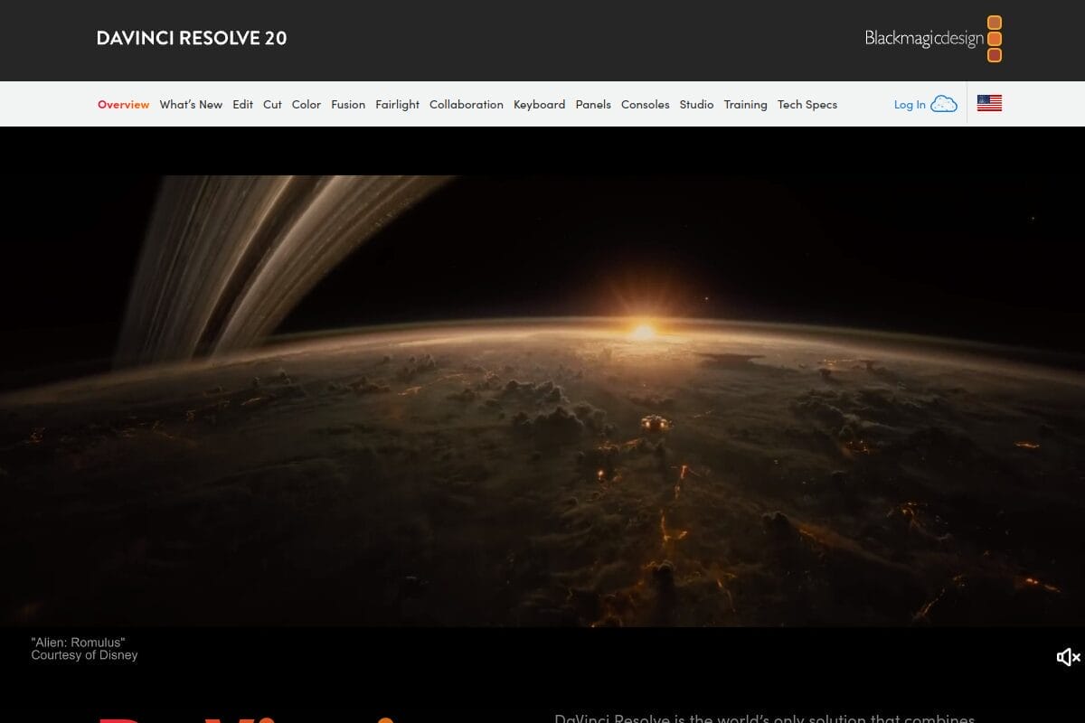 DaVinci Resolve homepage showing the free professional video editing software with color grading, VFX, and audio post-production tools
