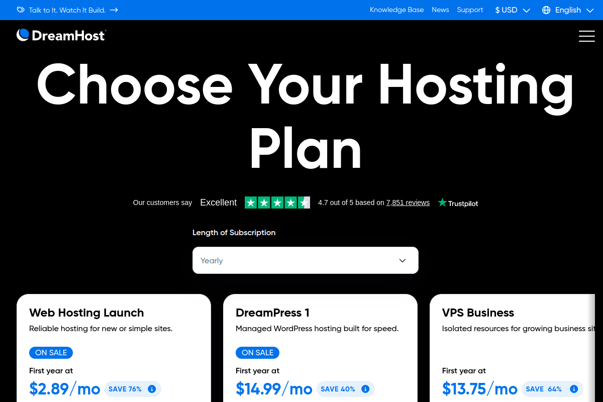 DreamHost shared hosting pricing page showing Starter and Unlimited plans with 97-day money-back guarantee and NVMe SSD storage