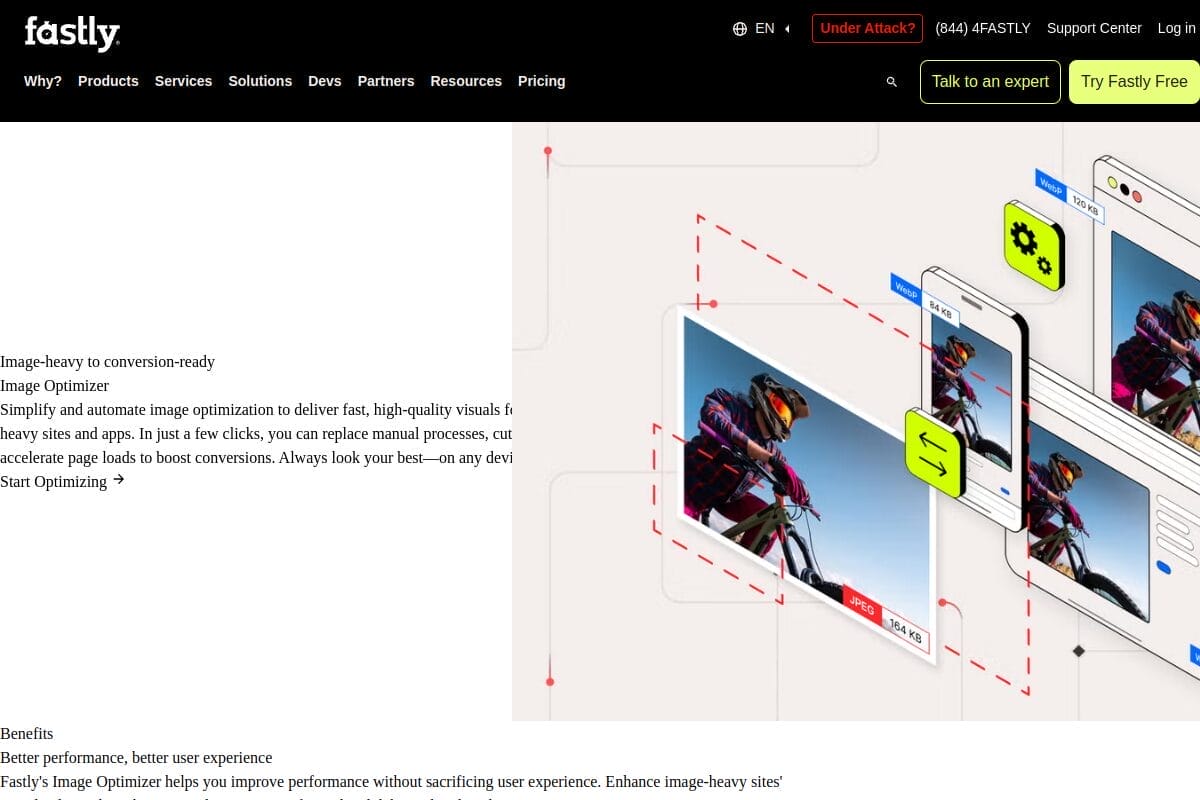 Fastly Image Optimizer product page showing enterprise-grade image processing with automatic format conversion and edge computing