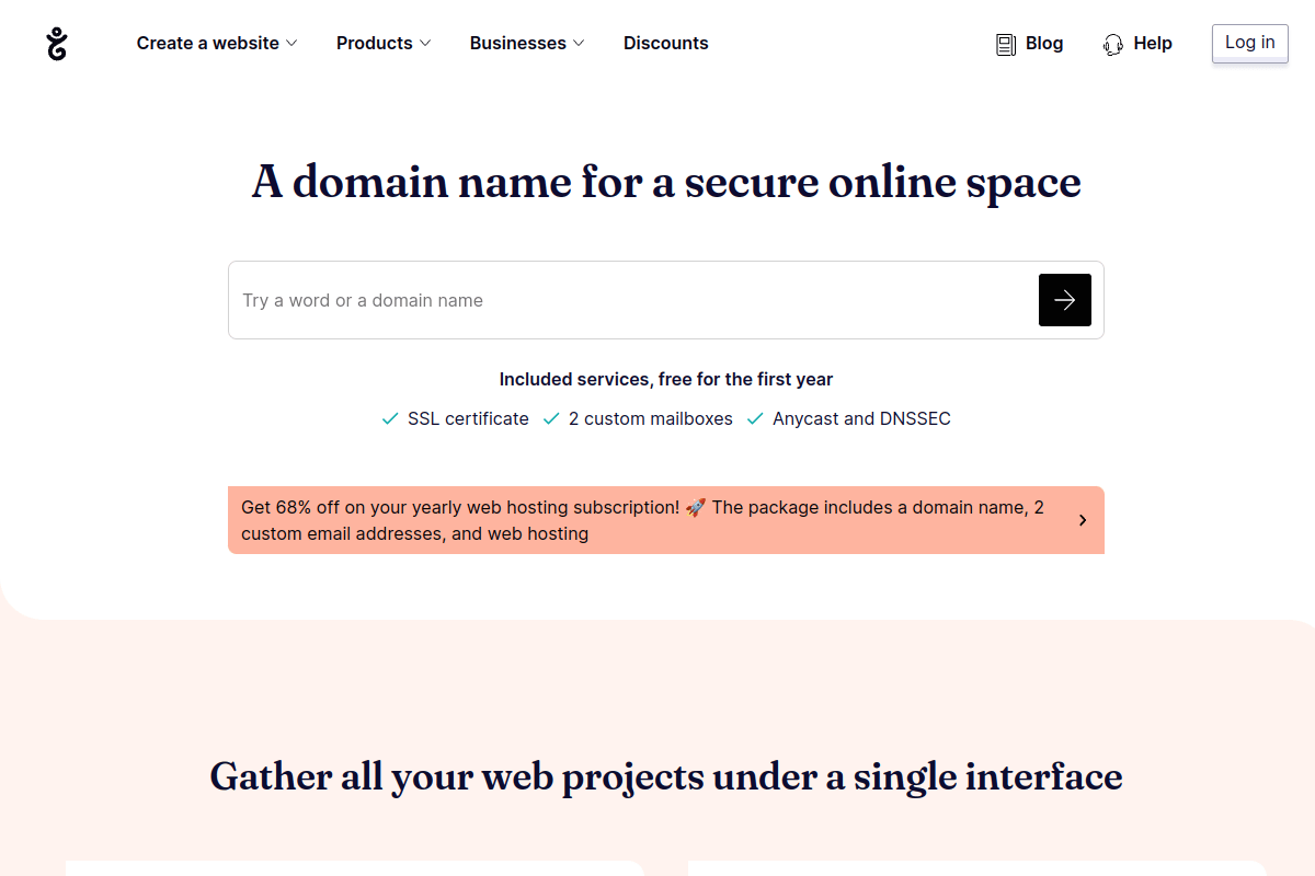 Gandi domain registrar homepage showing 700 plus domain extensions and included email service