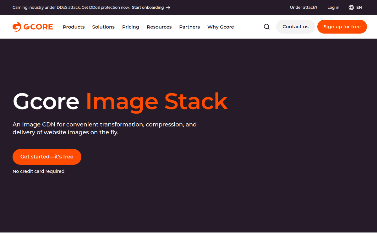Gcore Image Stack page showing on-the-fly image optimization with WebP and AVIF conversion across 160 plus global points of presence