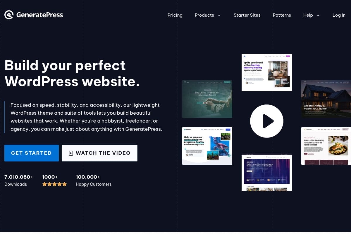 GeneratePress theme homepage highlighting its lightweight design with under 30KB CSS and fast loading performance for WordPress