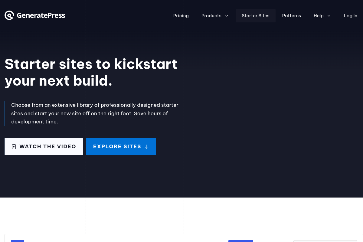 GeneratePress site library showing 60+ professionally designed starter sites for WordPress