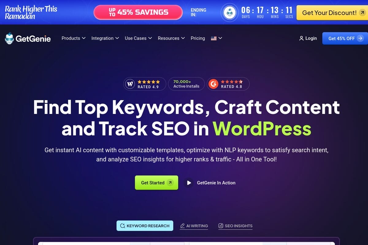 GetGenie AI homepage showing AI content writing and SEO assistant plugin for WordPress with 37+ templates