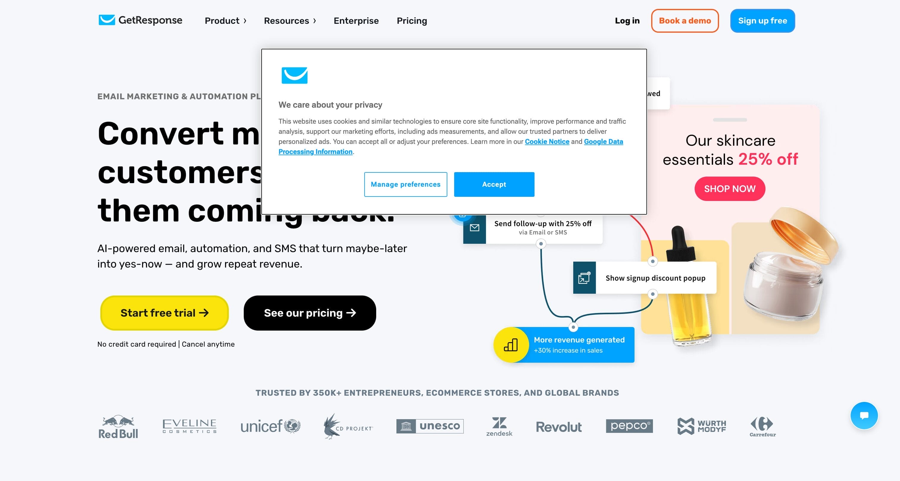 GetResponse homepage showing email marketing and automation platform with AI-powered tools