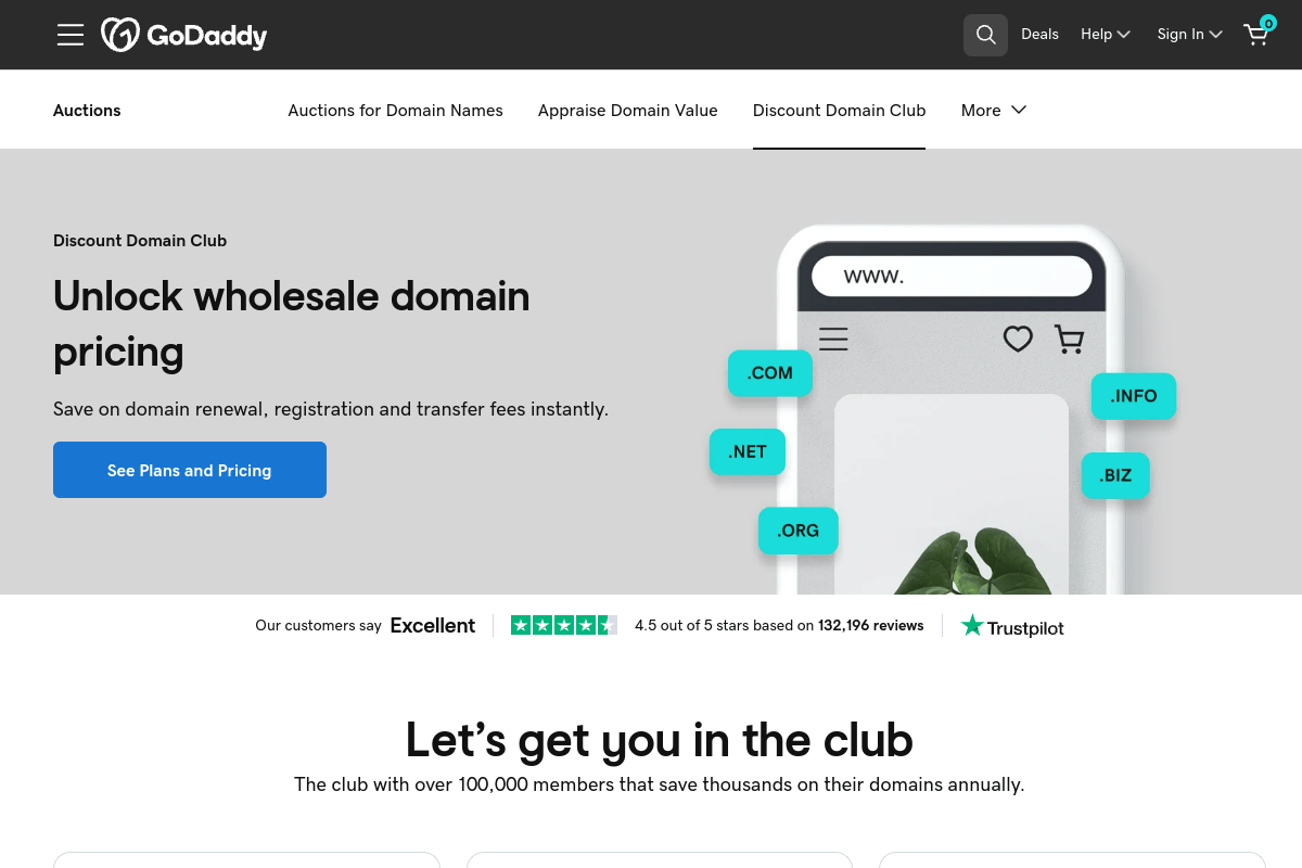 GoDaddy Discount Domain Club membership page showing Basic, Premium, and Domain Pro pricing tiers with up to 60% off domain renewals