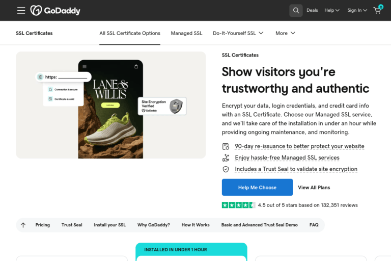 GoDaddy SSL certificate page showing plans, pricing tiers, and security features for DV, OV, and EV certificates