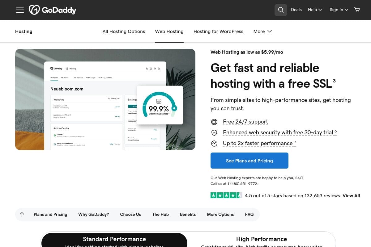 GoDaddy web hosting page showing Economy, Deluxe, Ultimate, and Maximum plan pricing with free domain for the first year