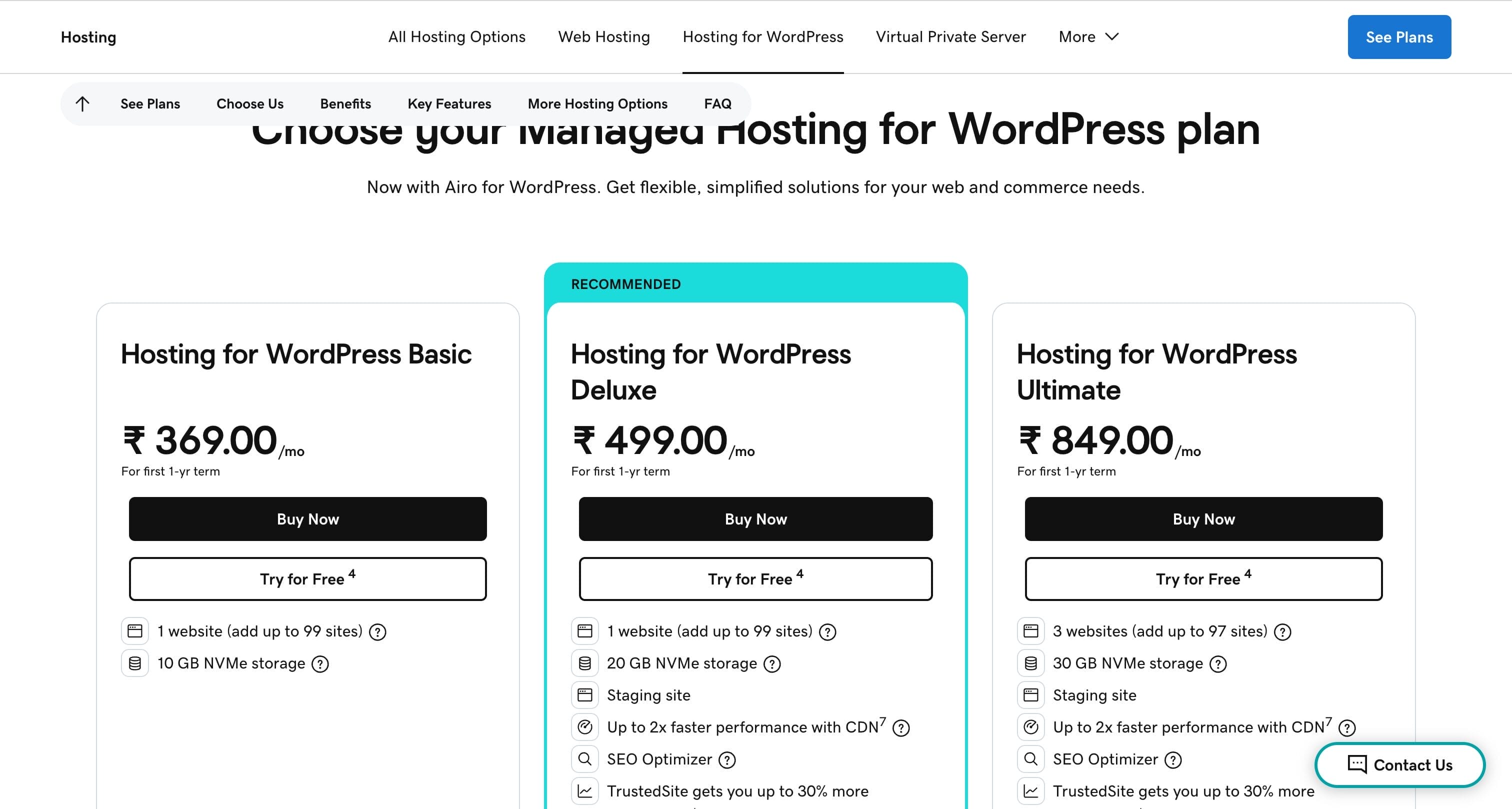 GoDaddy Managed WordPress Hosting pricing page showing Basic at Rs 369, Deluxe at Rs 499, and Ultimate at Rs 849 per month with features comparison