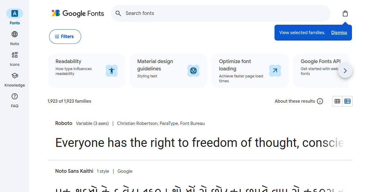 Google Fonts library homepage showing the full collection of 1800+ free fonts available for WordPress websites