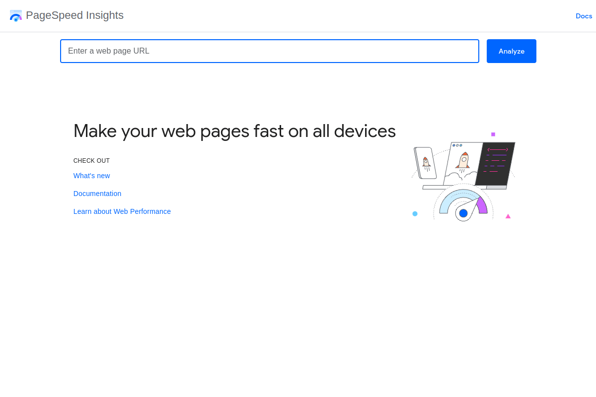 Google PageSpeed Insights homepage showing the URL input field for testing website speed and Core Web Vitals performance