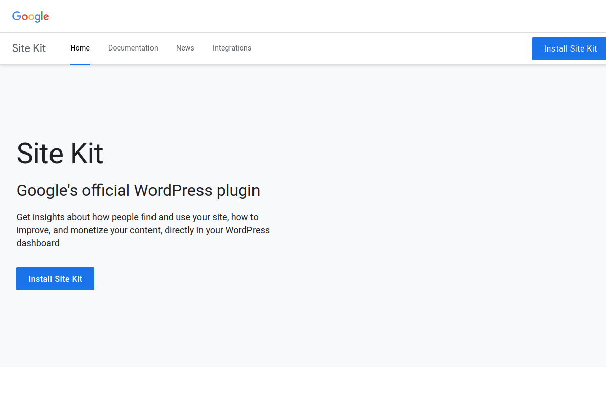 Google Site Kit homepage showing the official Google plugin that brings Analytics, Search Console, and AdSense into WordPress