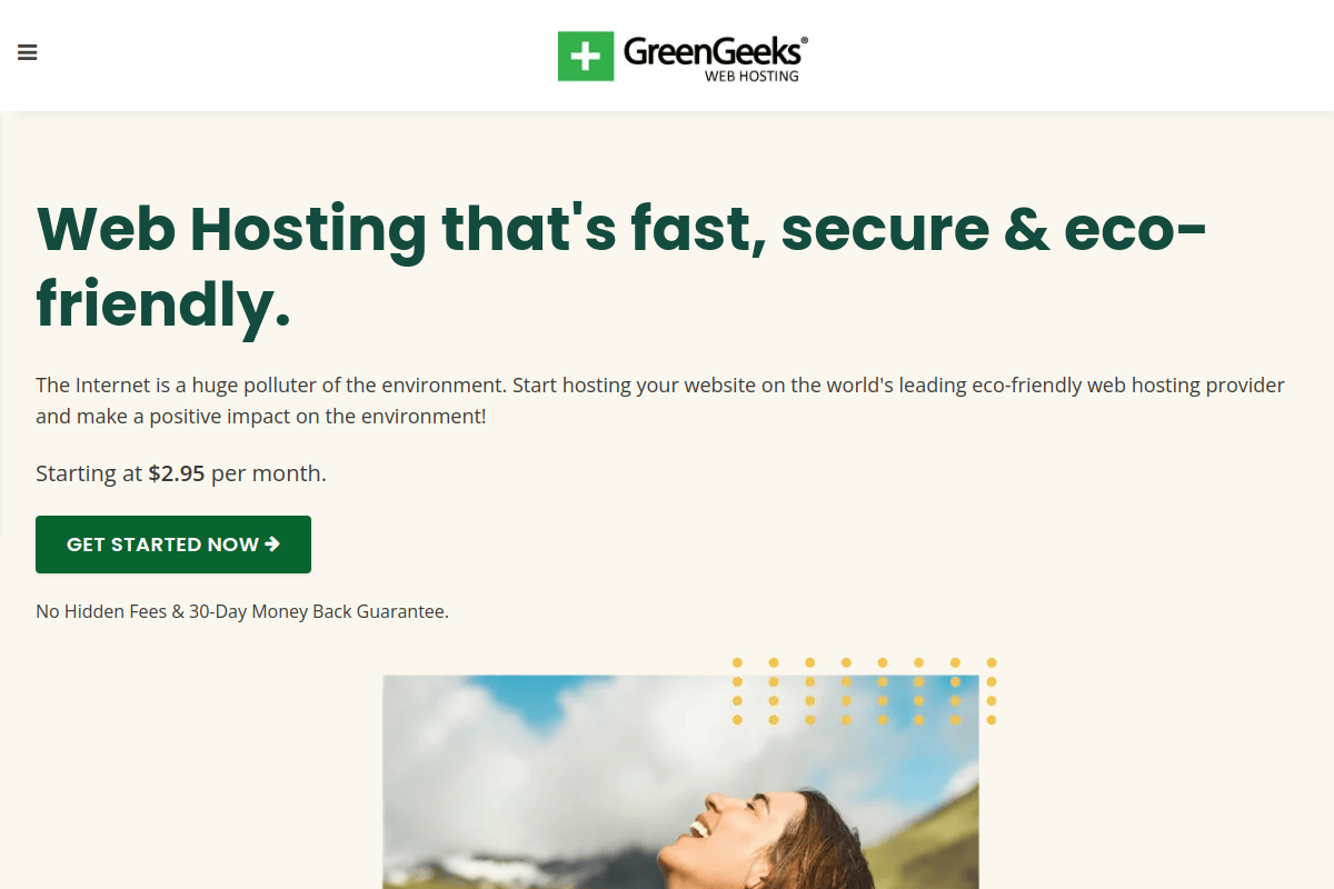 GreenGeeks homepage showing their eco-friendly hosting with 300% renewable energy match, LiteSpeed servers, and free domain