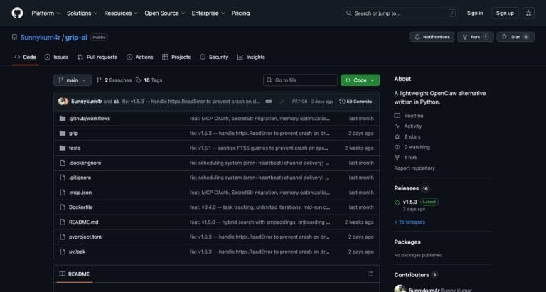 grip-ai GitHub repository showing a lightweight OpenClaw alternative written in Python with 826 tests and 31 built-in tools