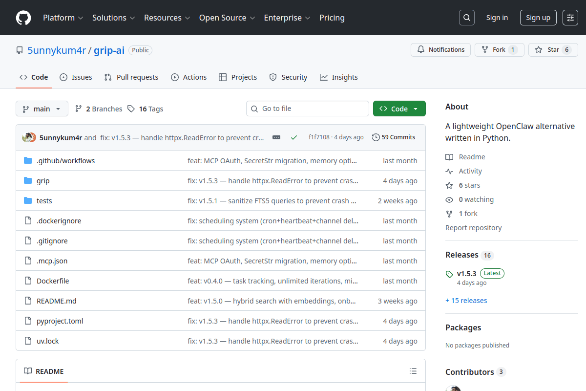 Grip AI GitHub repository page showing the lightweight OpenClaw alternative with dual-engine architecture, 31 built-in tools, and multi-channel support