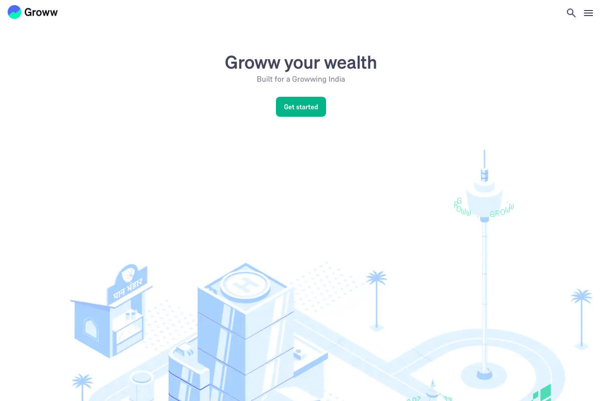 Groww homepage showing India's popular investment app with tagline Groww your wealth built for a growing India