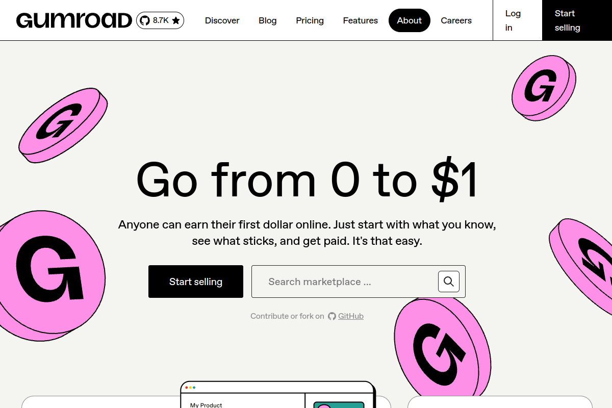 Gumroad homepage showing its simple interface for creators to sell digital products online