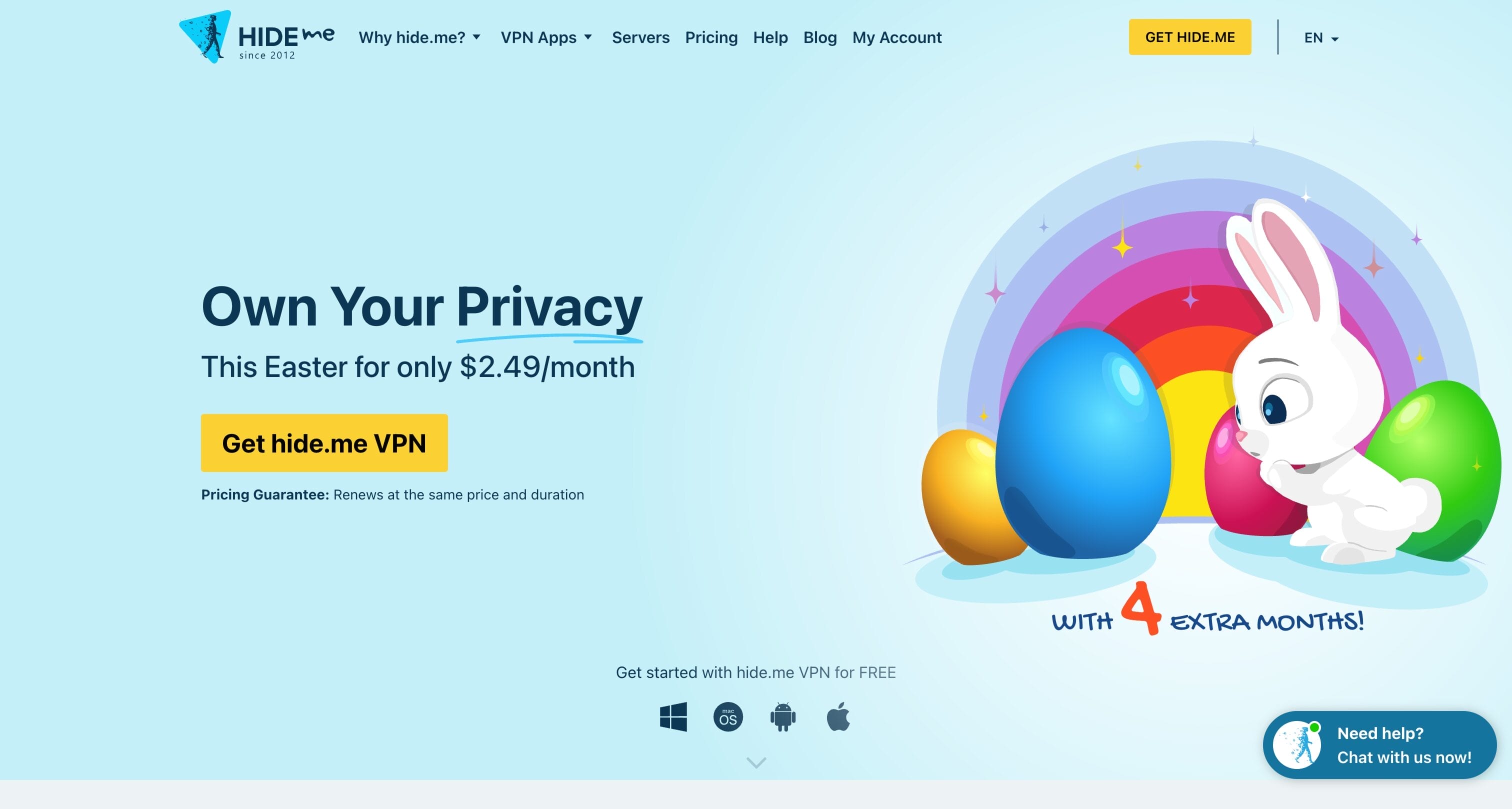 Hide.me VPN homepage showing privacy-focused free VPN with no-logs policy and 10GB monthly data