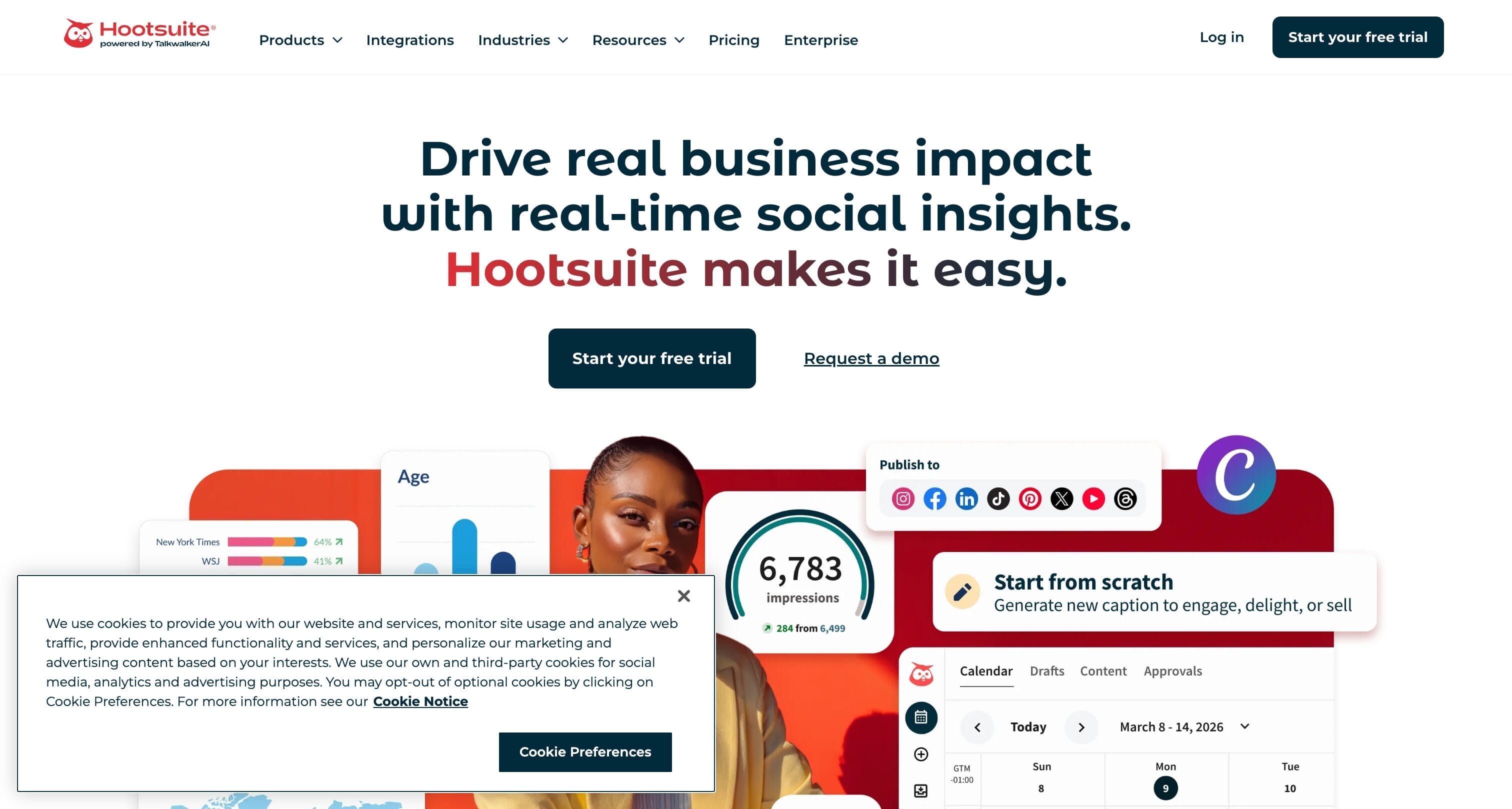 Hootsuite homepage showing enterprise social media management platform with scheduling, analytics, and team collaboration