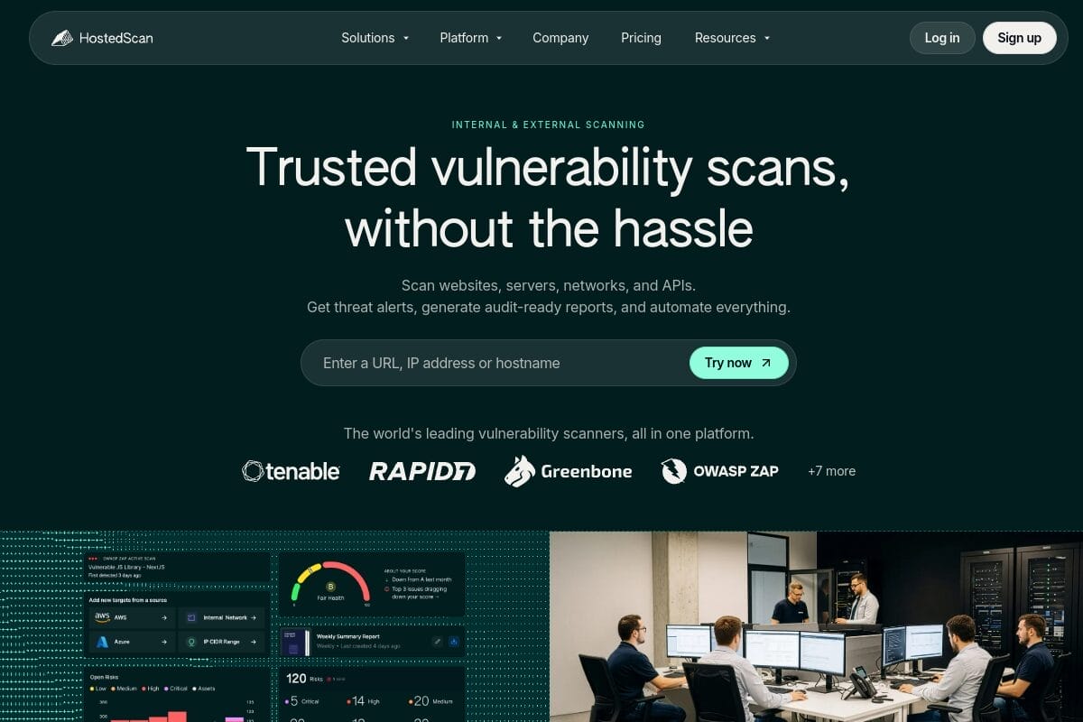 HostedScan homepage showing affordable cloud vulnerability scanning starting at $29 per month for SMBs
