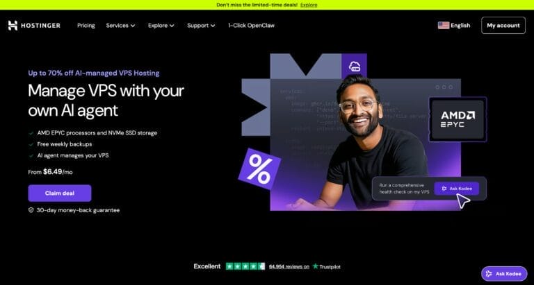 Hostinger VPS hosting homepage showing AI-managed VPS with AMD EPYC processors, NVMe SSD, and 1-Click OpenClaw support