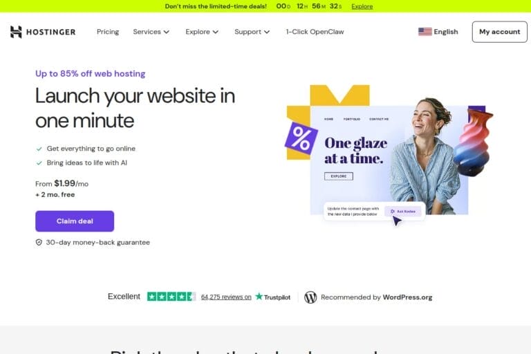 Hostinger web hosting plans page showing Premium, Business, and Cloud Startup pricing tiers with NVMe SSD and LiteSpeed features