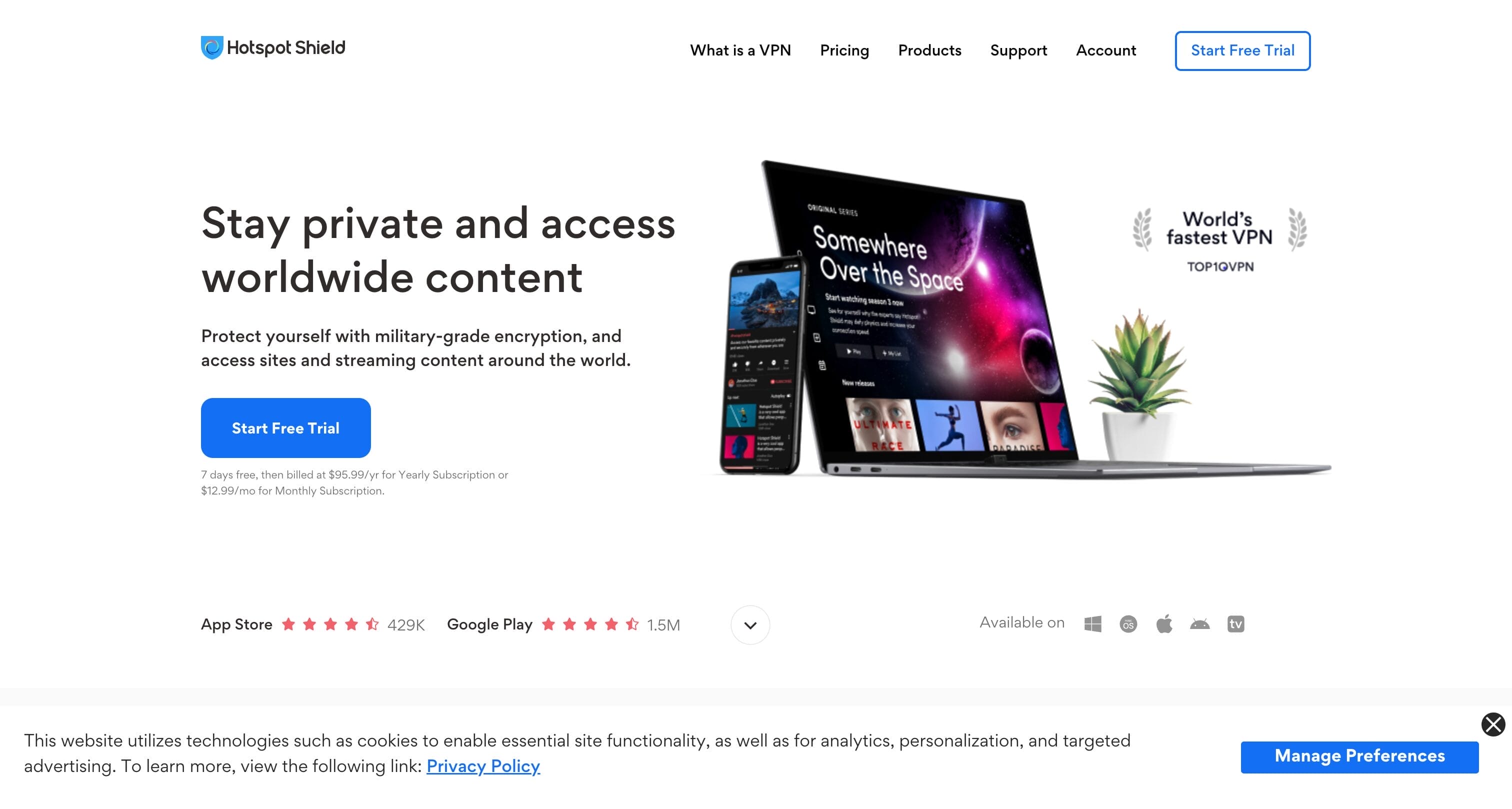 Hotspot Shield VPN homepage showing fast VPN service with patented Hydra protocol