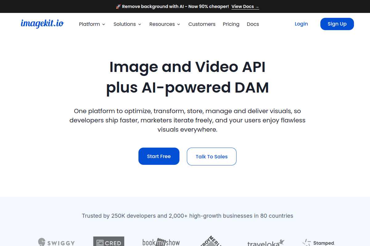 ImageKit homepage showing real-time image optimization platform with developer-friendly APIs and 700 plus global edge locations