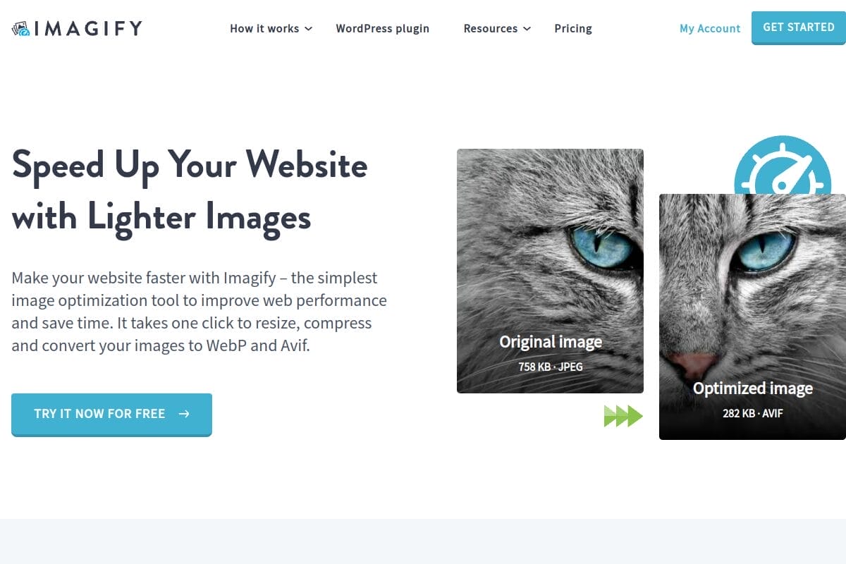 Imagify homepage showing image compression and WebP conversion features for WordPress websites
