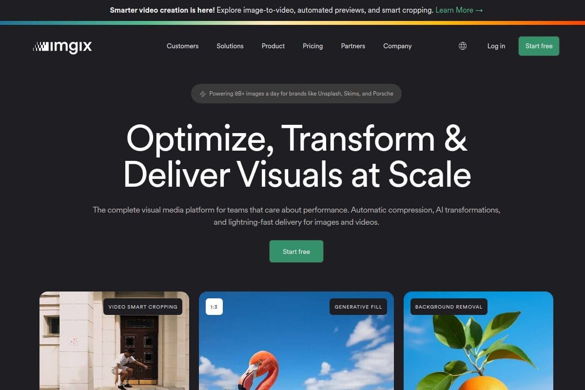 Imgix homepage showing real-time image and video processing platform with URL-based transformations and smart CDN delivery