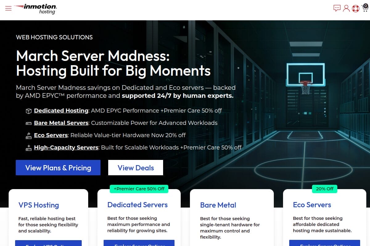 InMotion Hosting homepage showing their Core, Launch, and Power shared hosting plans with NVMe SSD storage and US-based support