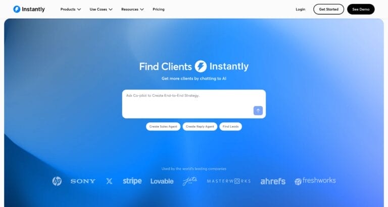Instantly.ai homepage showing cold email outreach platform with unlimited email accounts and AI-powered warmup