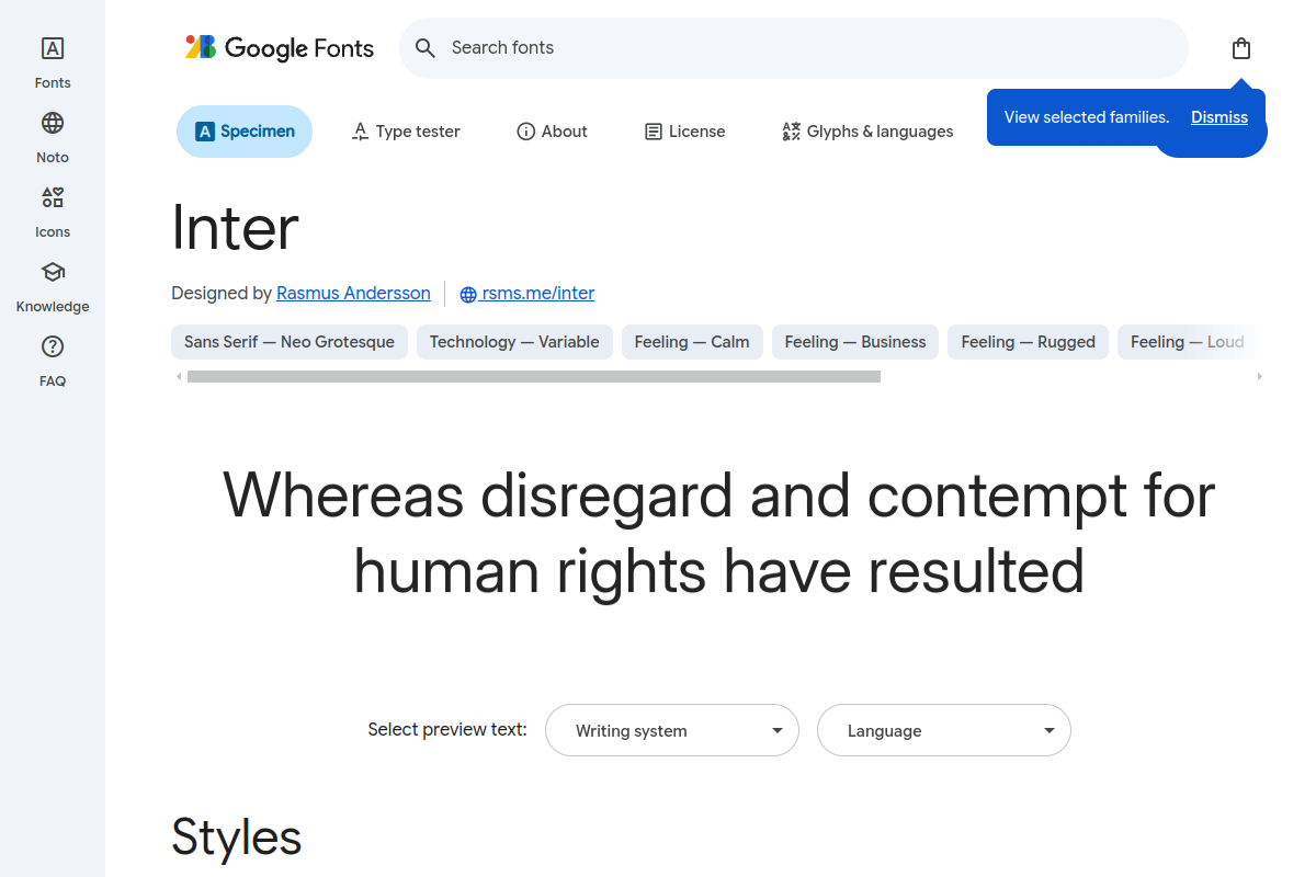 Inter font specimen page on Google Fonts showing the typeface designed by Rasmus Andersson with variable weight options