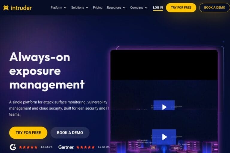 Intruder.io homepage showing cloud-based vulnerability scanning platform for businesses with continuous monitoring features