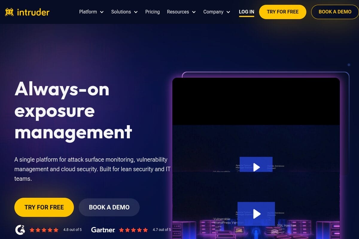 Intruder.io homepage showing cloud-based vulnerability scanning platform for businesses with continuous monitoring features