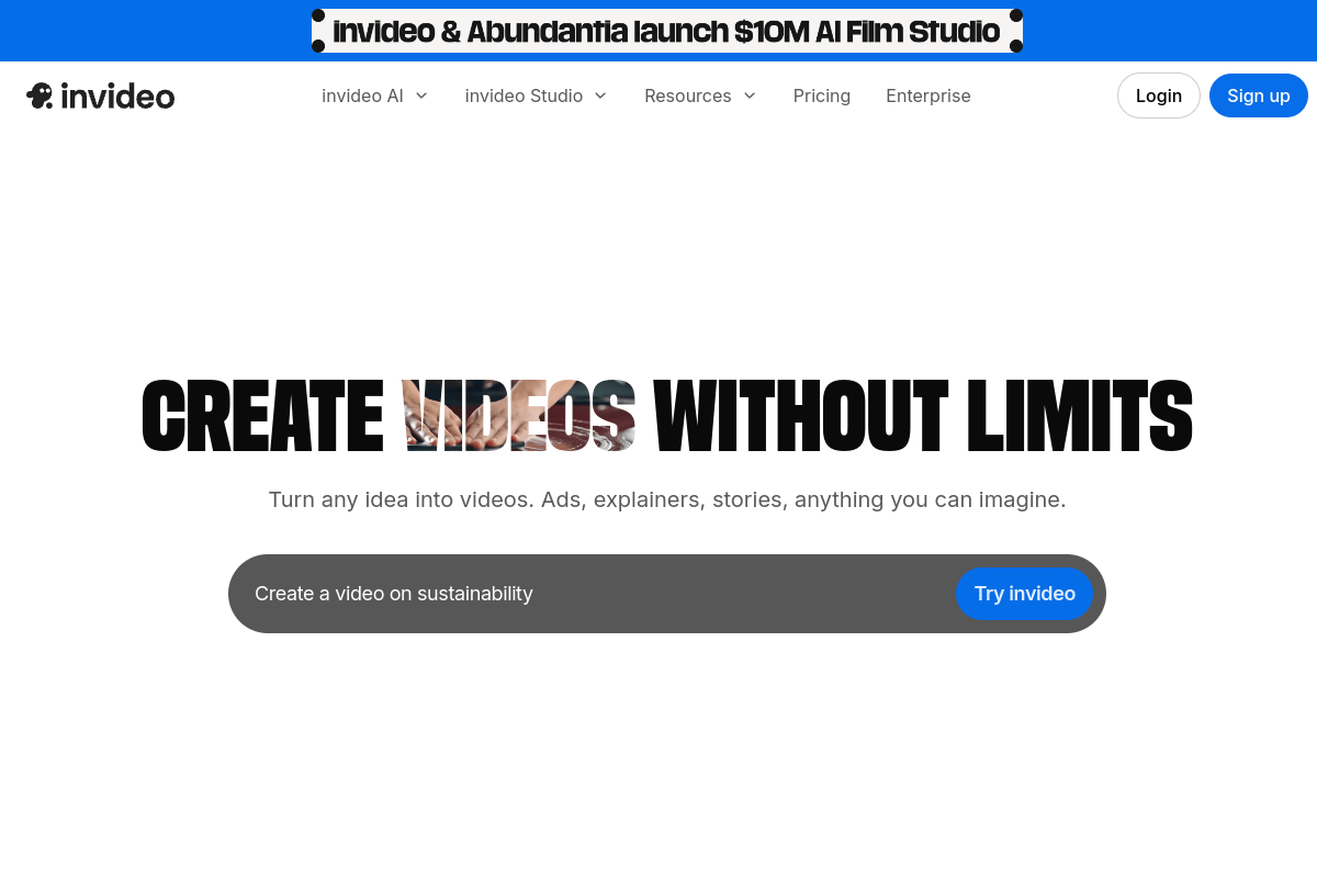 InVideo AI homepage showing AI-powered video generation with text-to-video creation using OpenAI Sora 2 and Google Veo 3 integration