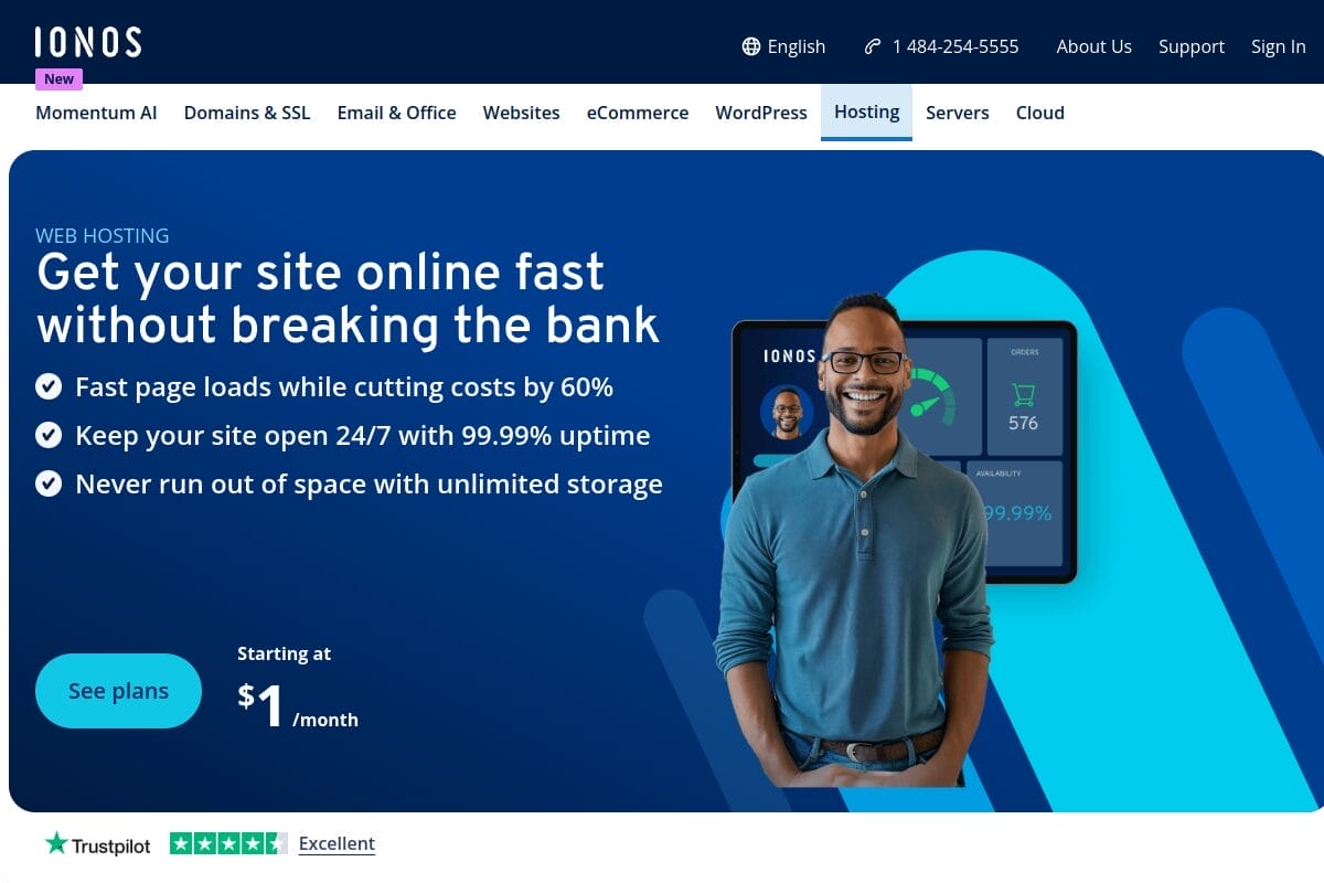 IONOS web hosting page showing their $1 per month introductory offer with free domain and wildcard SSL certificate