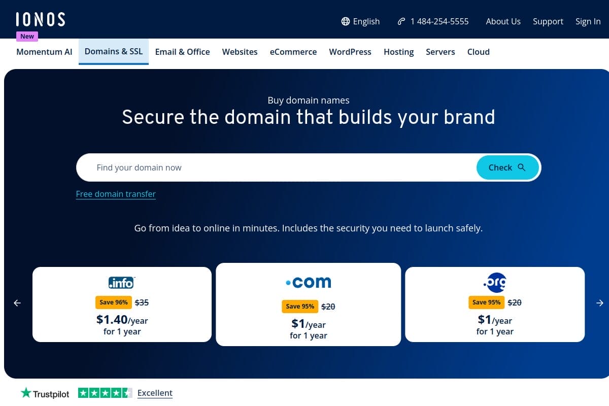 IONOS domain registration page showing dollar 1 first-year domain pricing with bundled services