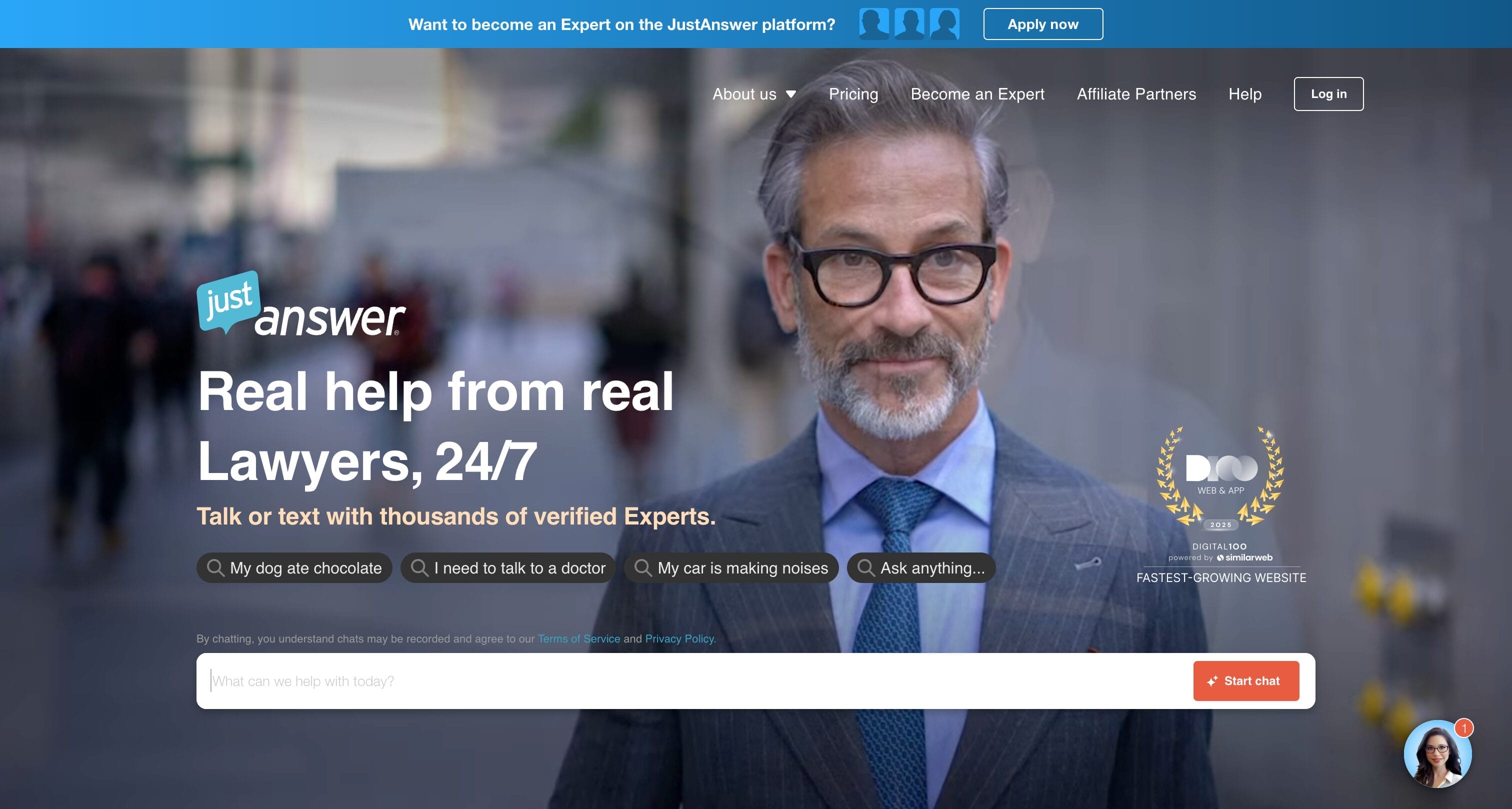 JustAnswer homepage showing Real help from real experts 24/7 with categories for lawyers, doctors, mechanics, and more
