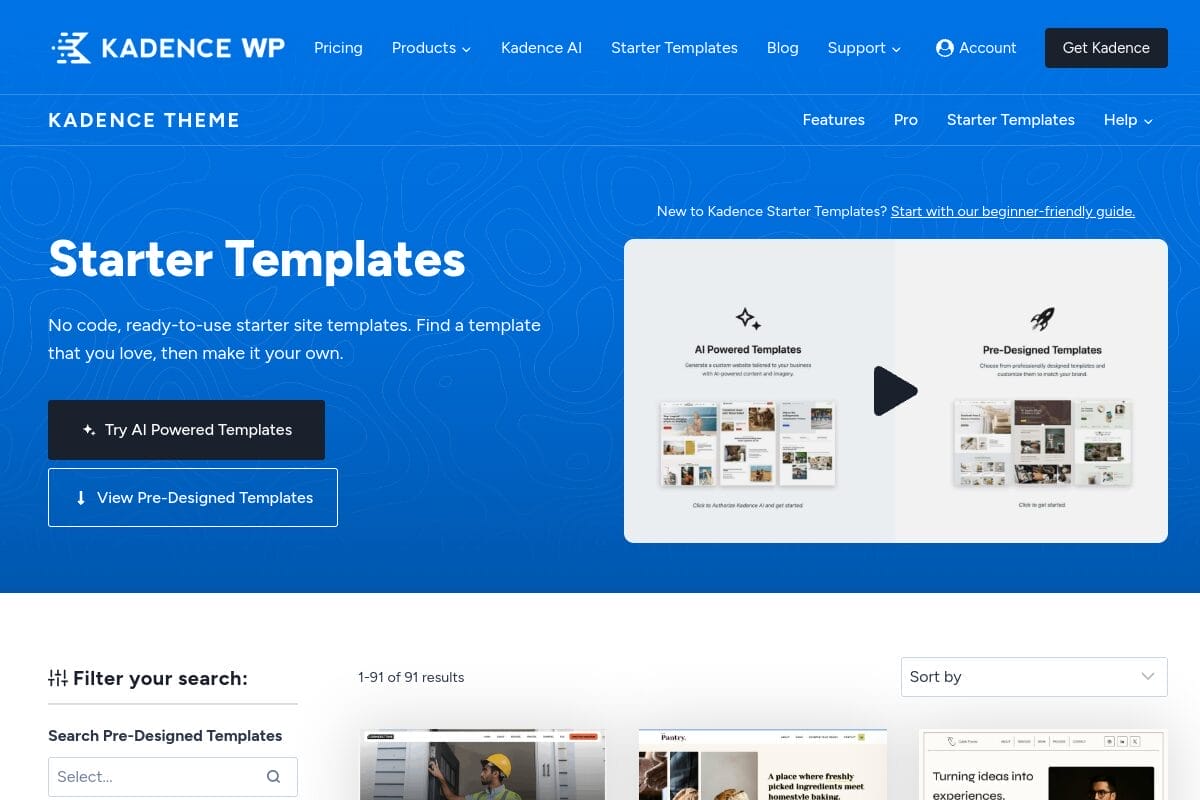 Kadence theme starter templates page showing free and premium pre-built website designs with Gutenberg compatibility