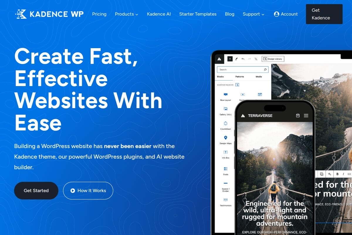 Kadence WP official website homepage showing the Gutenberg-native WordPress theme and blocks builder with AI-powered design features and starter templates