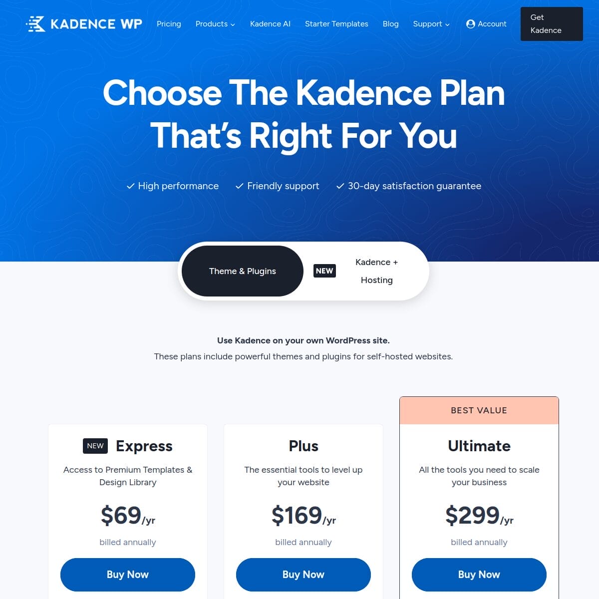 Kadence WP pricing page showing Express at $69/year, Plus at $169/year, Ultimate at $299/year and $399/year, and Lifetime plans at $899 and $999 one-time payment