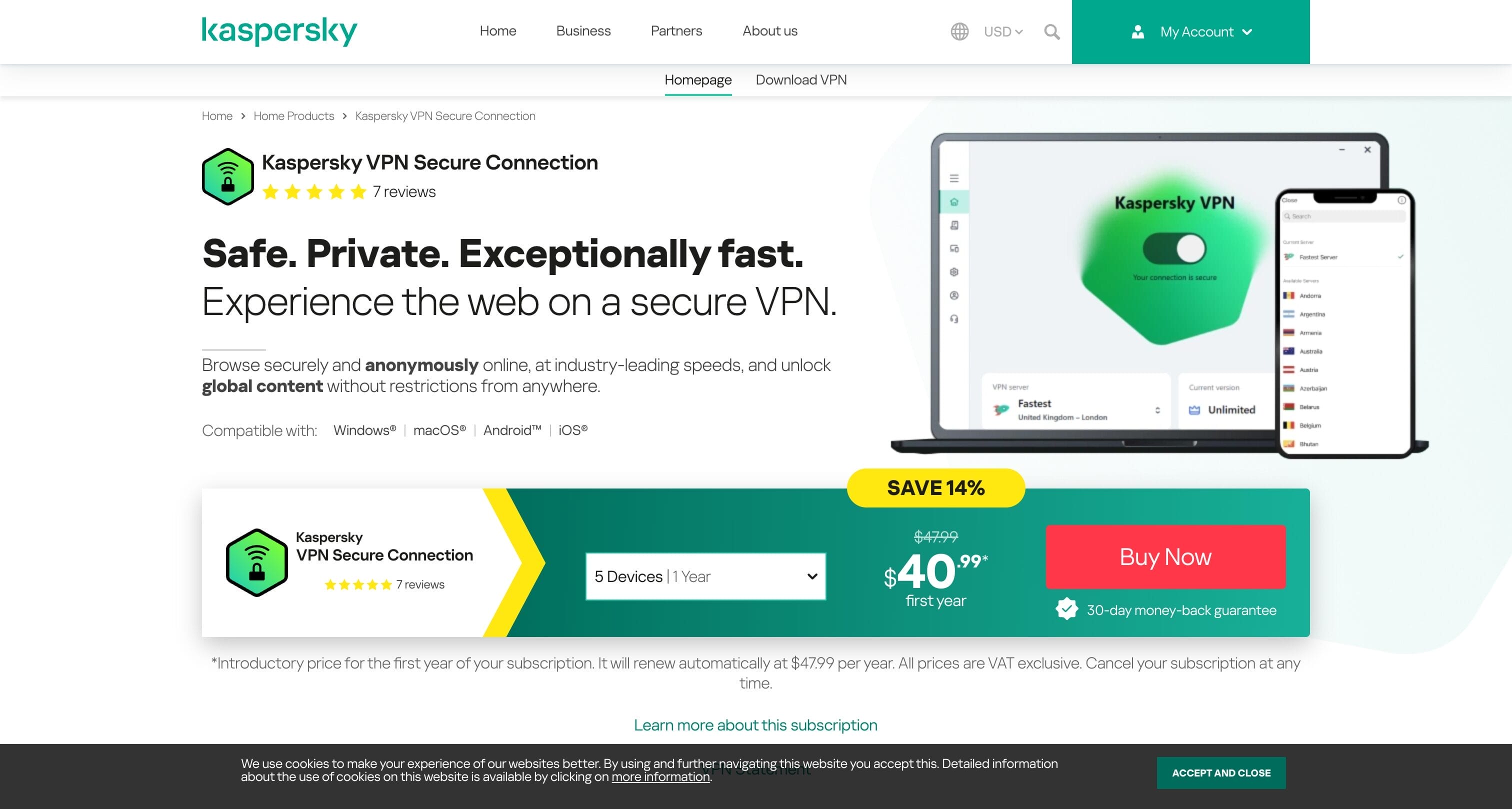 Kaspersky VPN homepage showing free VPN with 200MB daily limit from the cybersecurity company